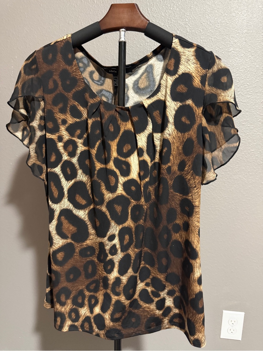 Leopard Print Flutter Sleeve Blouse - Black & Brown